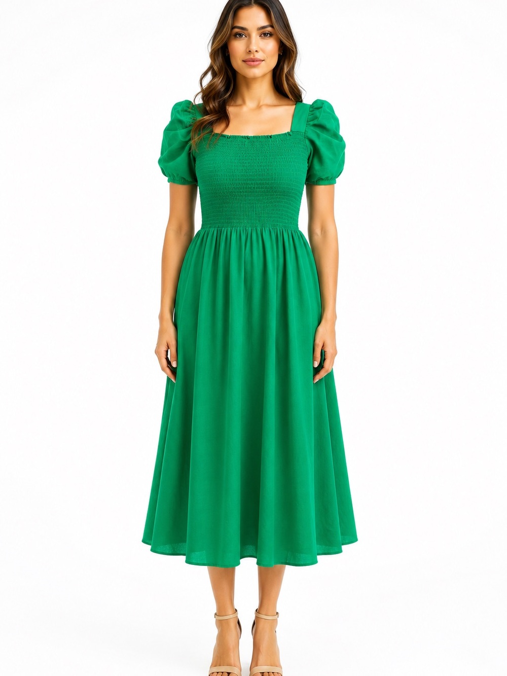 Green Puff-Sleeve Smocked Midi Dress disponible es todas las tallas